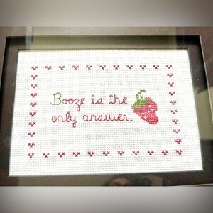 Vintage Framed Strawberry Cross Stitch Booze Is the Only Answer Cottagecore
